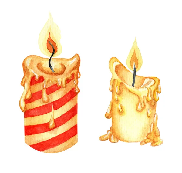 Dva Hořící Svíčky Útulný Dům Akvarelové Vánoční Oslavy Duch Zimních — Stock fotografie