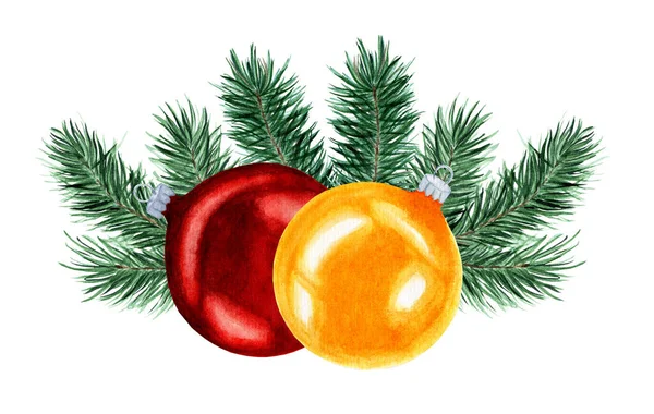 Ballons Rouges Jaunes Décorés Branches Sapin Illustration Aquarelle Décor Noël — Photo