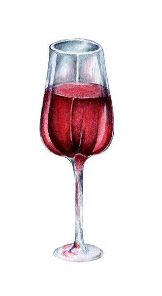 一杯红葡萄酒 含酒精饮料的杯子的水彩画 情人节和圣诞节的宴会 被白色背景隔离 手绘的 — 图库照片