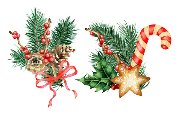 Aquarel Set Van Kerstmis Nieuwjaar Decor Boeketten Van Sparren Hulst — Stockfoto