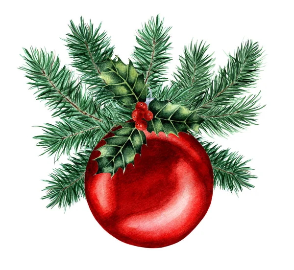 Weihnachten Aquarell Illustration Der Roten Kugel Tannenzweigen Und Stechpalme Festliche — Stockfoto