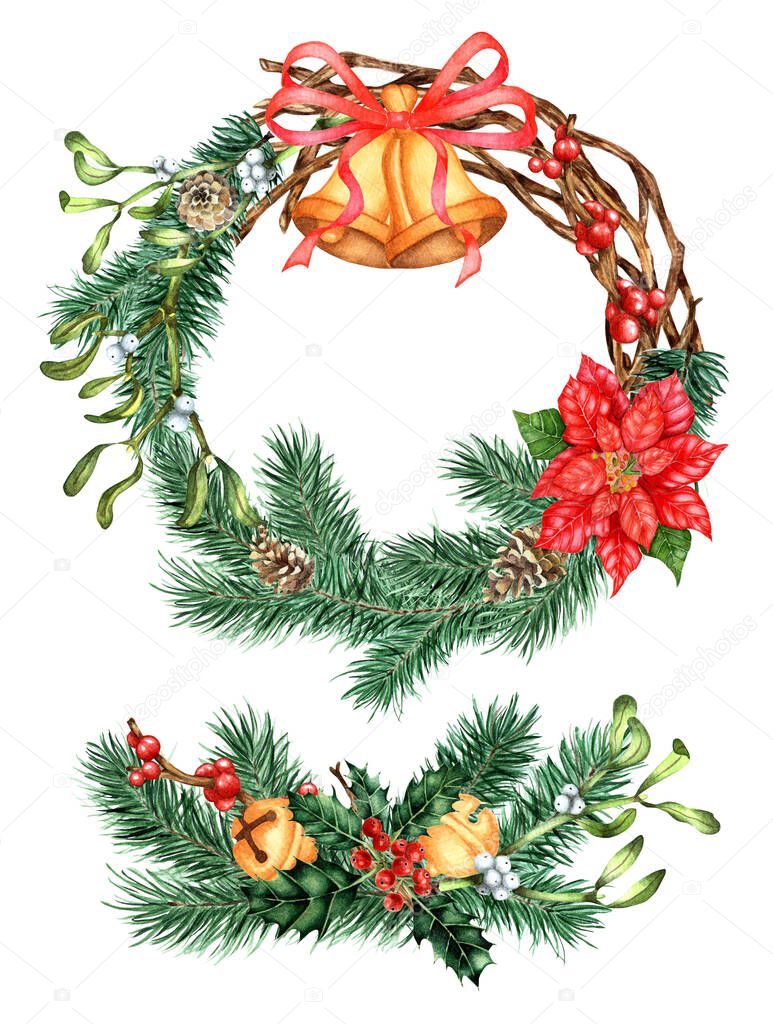 Watercolor set of Christmas and New Year decor. The wreath and bouquet is composed of fir branches, poinsettia, holly, ilex, mistletoe, pine cones, bells and a red ribbon. Isolated on white background. Drawn by hand.