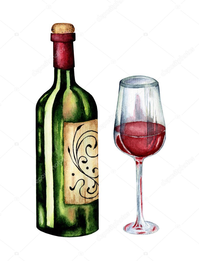 Green Wine bottle with a beautiful label and a filled glass. Watercolor illustration of alcoholic drink isolated on white background. Drawn by hand.