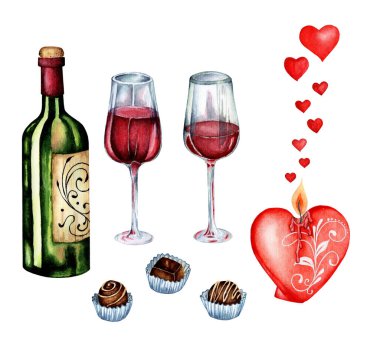 Suluboya romantik çizimler. Sevgililer Günü, romantik bir akşam. Bir şişe şarap, iki kadeh kırmızı şarap, çikolata, kalp şeklinde mum ve kalp. Beyaz arka planda izole edilmiş. Elle çizilmiş..