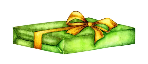 Watercolor Green Gift Box Tied Yellow Ribbon Surprise Gift Compliment — Stock Photo, Image