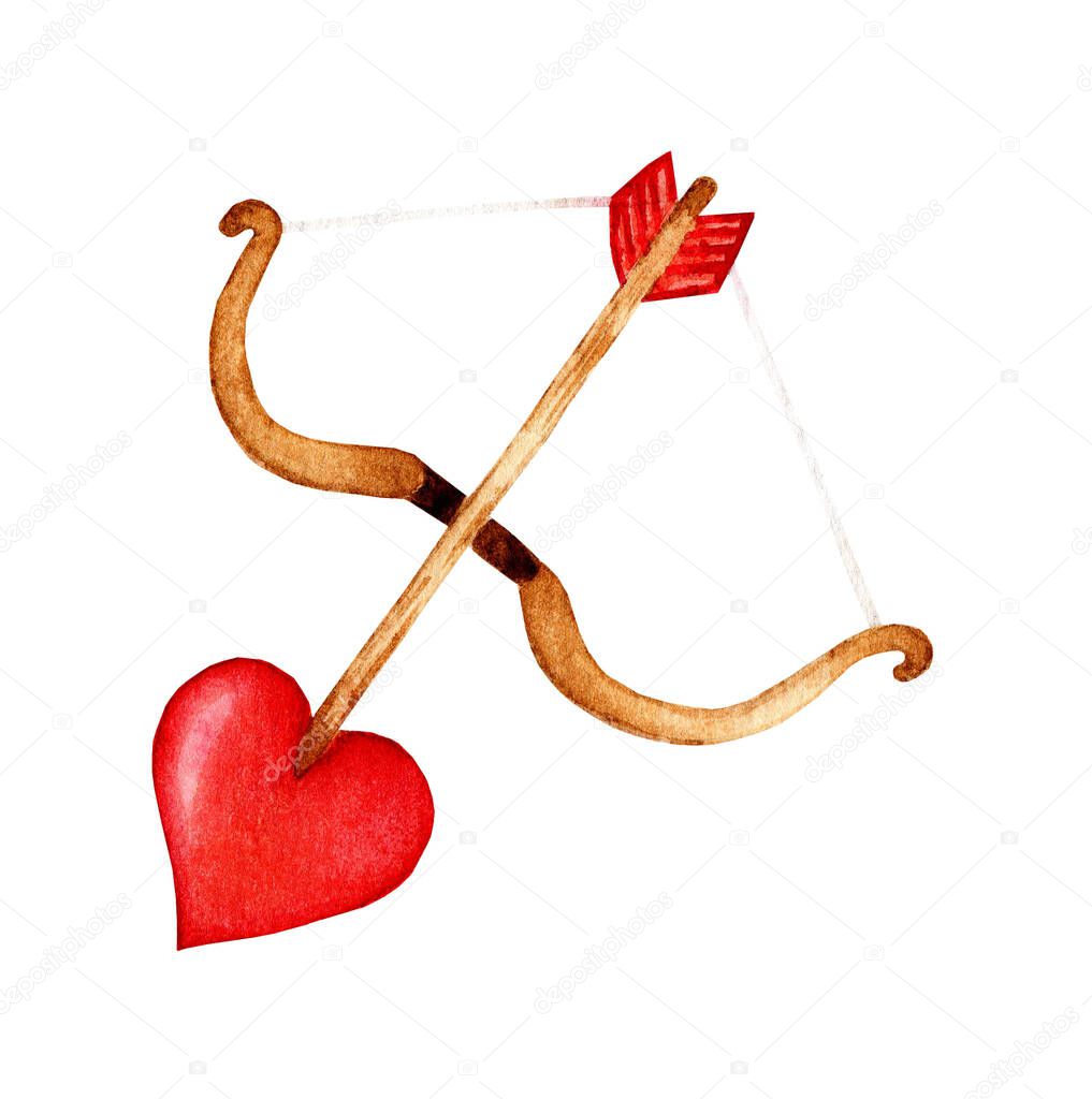 Watercolor Cupid's bow and arrow with a tip in the shape of a heart isolated on a white background. Love concept. Design element for Valentine's Day or wedding. Drawn by hand.