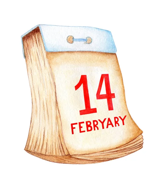 Aquarelkalender Met Afscheurpagina Retro Stijl Rode Datum Februari Oude Vergeelde — Stockfoto