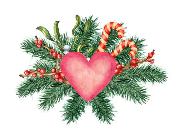 Köknar dalları, kutsal dallar, ilex, ökseotu ve şeker kamışlarıyla süslenmiş pembe bir kalbin suluboya çizimi. Noel, Yeni Yıl ve Sevgililer Günü için dekor. Beyaz arka planda izole edilmiş. Elle çizilmiş..