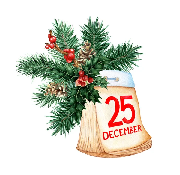 Aquarell Illustration Des Abreißkalenders Retro Stil Dezember Katholische Weihnacht Der — Stockfoto