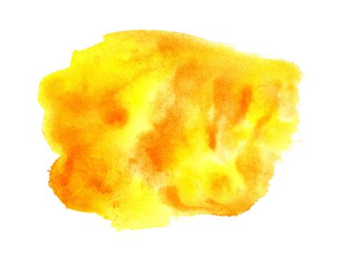 Turuncu suluboya lekeli parlak sarı. Boyayı rasgele kağıdın üzerine yayın. Çok renkli damlalar ve lekeler. Beyaz arka planda izole edilmiş. Elle çizilmiş..