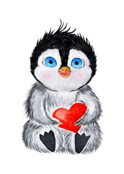 手に赤いハートを持った可愛いペンギンの水彩画 ハッピーバレンタインデー 結婚式 ロマンチックな夜 心でぬいぐるみペンギン 白地に隔離された — ストック写真