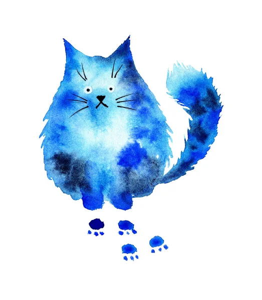 Akvarelové Znázornění Skvrny Tvaru Kočky Modrými Skvrnami — Stock fotografie