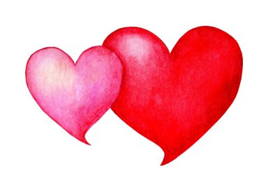 İki kalbi birlikte suluboya, pembe ve kırmızı. Sevgililer Günü, aşkın, birlikteliğin, düğünün sembolü. Beyaz arka planda izole edilmiş. Elle çizilmiş..