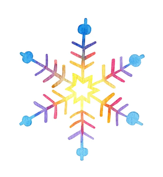 Acquerello Multicolore Fiocco Neve Brilla Nella Luce Inverno Neve Natale — Foto Stock