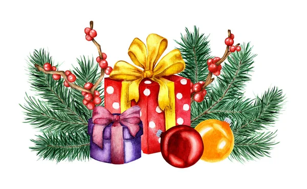 Watercolor illustration of boxes with gifts in fir branches, holly, ilex and Christmas decorations. Festive illustration for Christmas and New Year. Isolated on white background. Drawn by hand.