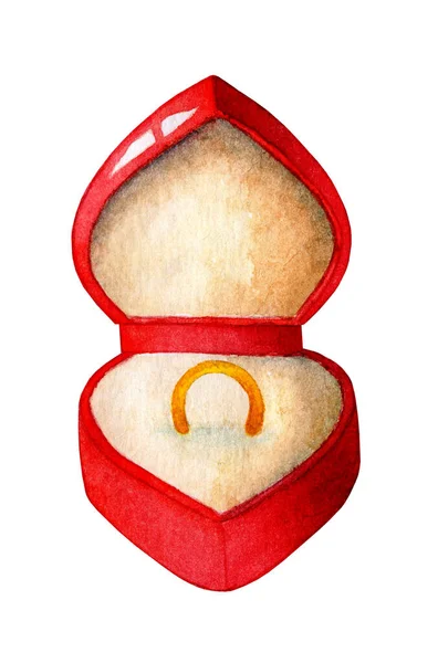 内側に金のリングを持つ赤いベルベットのハート型のボックスの水彩イラスト 結婚指輪 結婚式の日 バレンタインデー 結婚の提案 白い背景に隔離されている 手描き — ストック写真