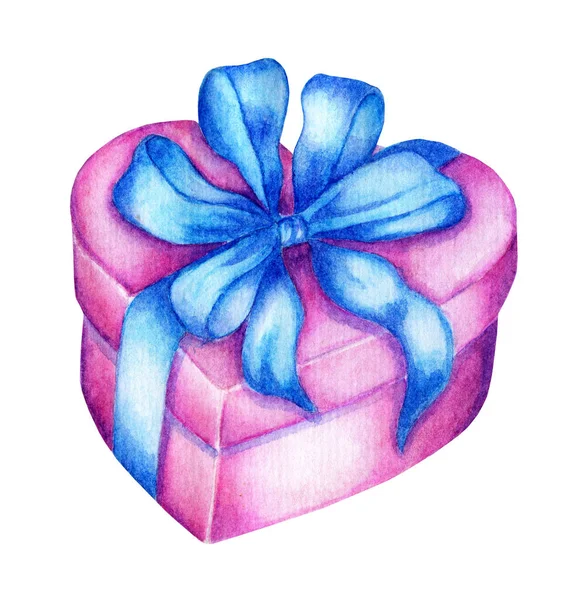 Watercolor Pink Box Shape Heart Blue Bow Gifts Loved Ones — Stock Photo, Image