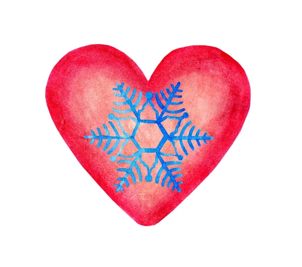 Акварельная Иллюстрация Розового Сердца Голубой Снежинкой Центре Зимние Праздничные Иллюстрации — стоковое фото