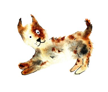 Bej-kahverengi-siyah boya lekelerinden yapılmış bir köpeğin suluboya çizimi. Rastgele yayılan su dokusu lekesi. Komik köpek. Beyaz arka planda izole edilmiş. Elle çizilmiş..