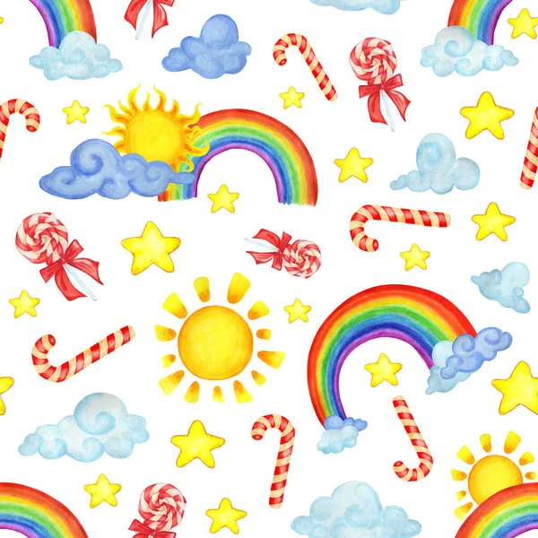 Seamless pattern with watercolor rainbow clouds, suns, candy and stars. Modern illustration on a white background. Design for children\'s textiles, decor for a children\'s room. Isolated on white background. Drawn by hand.
