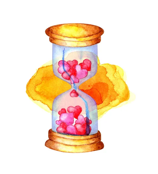 Akvarel Ilustrace Přesýpacích Hodin Růžovým Červeným Srdcem Uvnitř Hodiny Žlutém — Stock fotografie