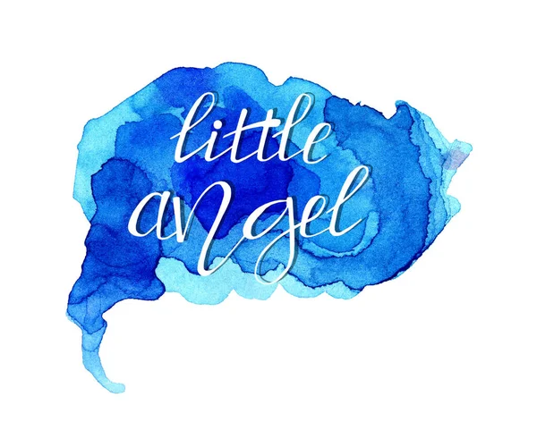 Texto Branco Com Pequeno Anjo Sombra Fundo Aquarela Azul Ilustração — Fotografia de Stock