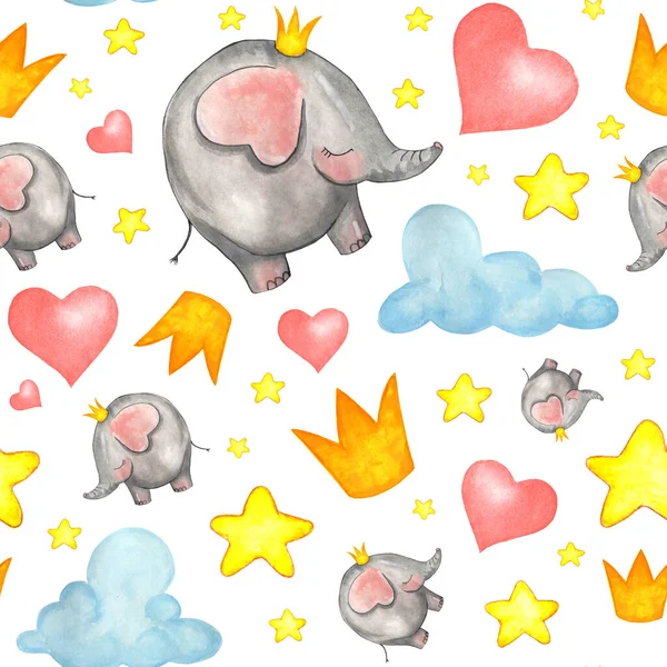 Nahtloses Muster Mit Elefanten Sternen Wolken Und Herzen Wiederholung Endlosen — Stockfoto