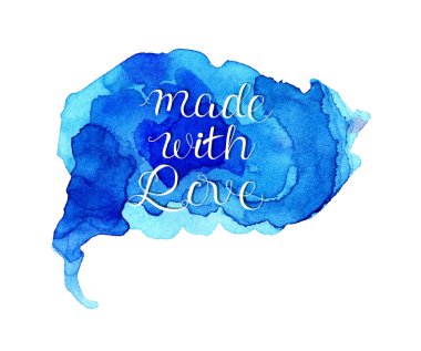 Açık mavi arkaplanda gölgesi olan beyaz metnin suluboya çizimi. Sevgiyle yapılmış. Mavi boya damlaları rastgele yayılmış. Beyaz arka planda izole edilmiş. Elle çizilmiş..