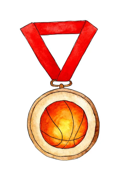Medalla Ilustración Acuarela Baloncesto Medalla Oro Con Una Bola Naranja — Foto de Stock