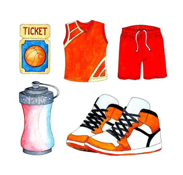 Basketball watercolor set. Shorts and T-shirt, uniforms, trainers and a sports water bottle. Sport basketball symbol and accessories. Isolated on white background.