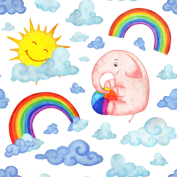 Aquarell Nahtloses Muster Rosa Elefant Mit Ball Wolken Regenbogen Ein — Stockfoto