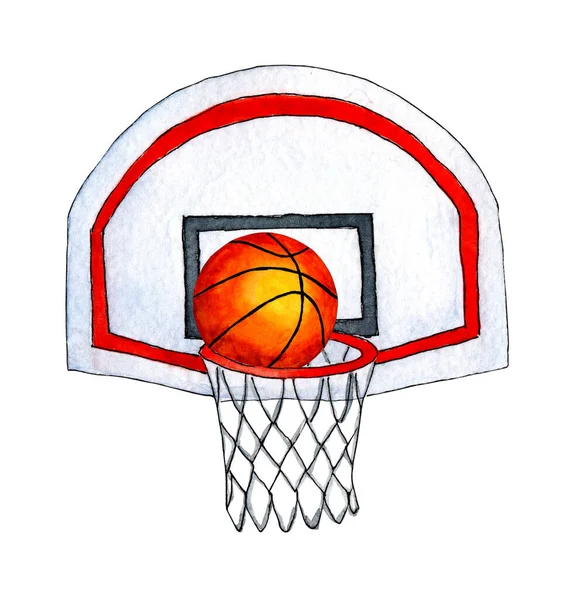 Акварельна Ілюстрація Кидання Баскетболу Ескіз Сітка Червоним Кільцем Падаючим Ячем — стокове фото
