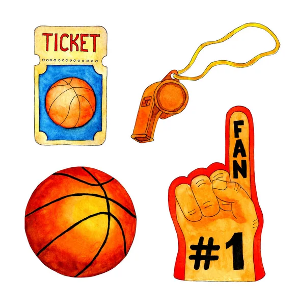 Basketbal Ventilator Aquarel Set Bal Handschoen Fluitje Wedstrijdticket Basketbal Sport — Stockfoto