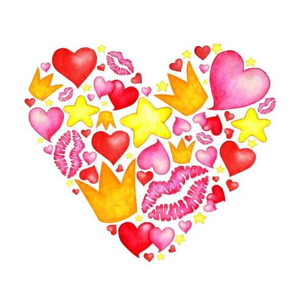 Акварельная Иллюстрация Каракулей Форме Сердца Корона Розовые Красные Сердца Отпечаток — стоковое фото