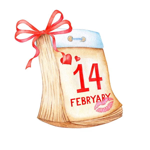 Dibujo Acuarela Calendario Con Fecha Febrero Decorado Con Lazo Cinta —  Fotos de Stock