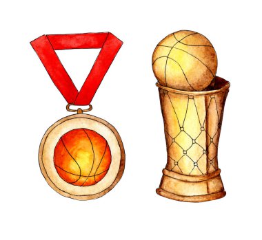 Suluboya, kırmızı kurdeleli top ve madalyalı basketbol kupası. Ödül konsepti, ödül, beyaz arka planda izole edilmiş ödüller. Elle çizilmiş..