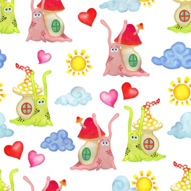 Pembe ve yeşil salyangoz, bulutlar, güneş ve kalpten oluşan kusursuz suluboya deseni. Çocuklar için resim, hatıra defteri, sevgililer günü, kırtasiye, kumaş, giysi ve ev dekorasyonu. Beyazda izole edilmiş.