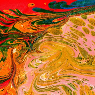 Soyut çok renkli mermer desen arkaplanı. Tasarımcı ambalaj kağıdı, duvar kağıdı. Akrilik boyaları karıştırıyorum. Çağdaş sıvı sanat. Açık renk, çizgili gökkuşağı deseni, oval.