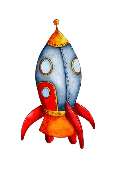 惑星に飛んでいる宇宙ロケットの水彩画のイラスト ロケットは クレーンツリーとブレード オレンジの底と先端を持つ青です 白地に隔離された子供漫画のイラスト — ストック写真