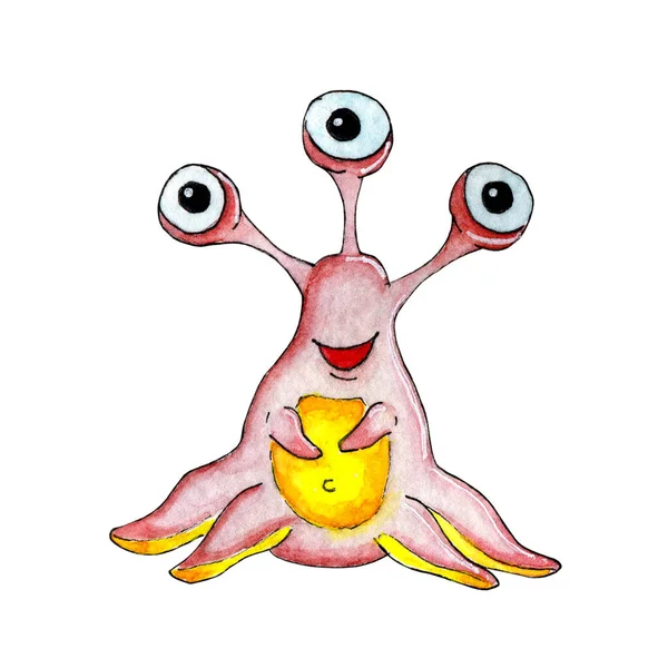 腕や足の代わりに3つの目と触手と黄色の腹を持つかわいいピンクのエイリアンの水彩画のイラスト 人間の子供の写真 白に隔離されてる 手描き — ストック写真