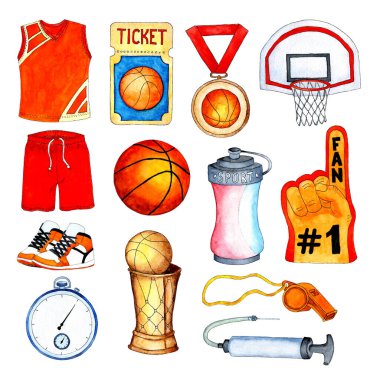 Beyzbol için büyük bir suluboya spor malzemesi seti. Spor ayakkabıları, koşu ayakkabıları, top, basket, pompa, kronometre, ıslık, kibrit, fan eldiveni, ödüller ve su şişesi. Beyazda izole edilmiş.
