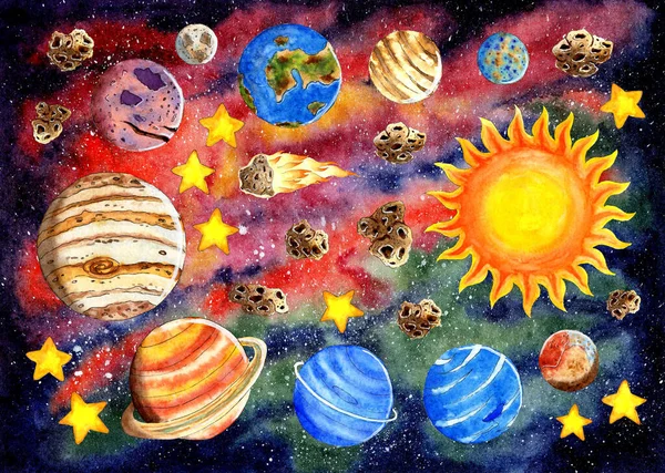 Die Planeten Des Sonnensystems Die Sonne Aquarell Design Des Raums — Stockfoto