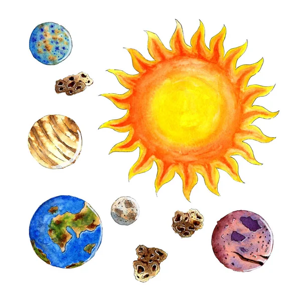 Aquarell Cartoon Planeten Des Sonnensystems Astronomisches Observatorium Sonne Mars Quecksilber — Stockfoto