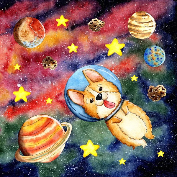 Watercolor illustration of a ginger corgi dog smashing in outer space between planets, asteroids and stars. Children\'s funny picture of a puppy in a helmet flying in the galaxy. Colorful image of space.