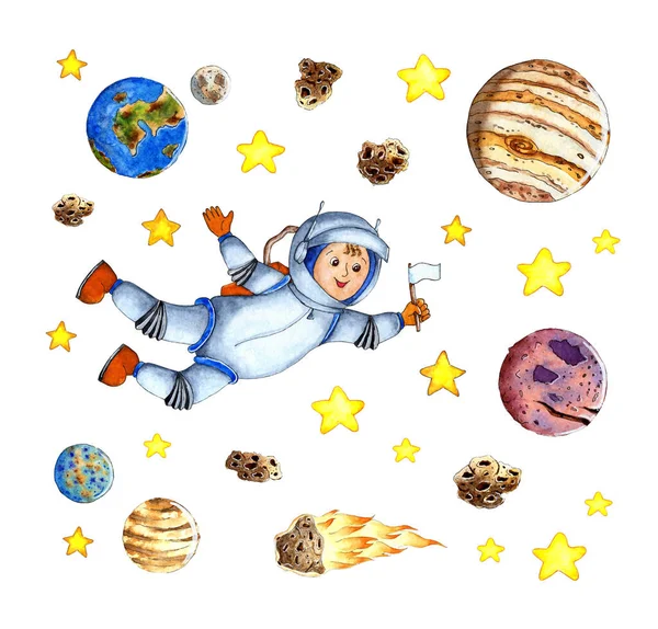 Watercolor illustration of an astronaut flying in a spacesuit in outer space with a white flag in his hands. An astronaut in zero gravity among stars, planets and asteroids. Children\'s picture is isolated on a white background. drawn by hand.