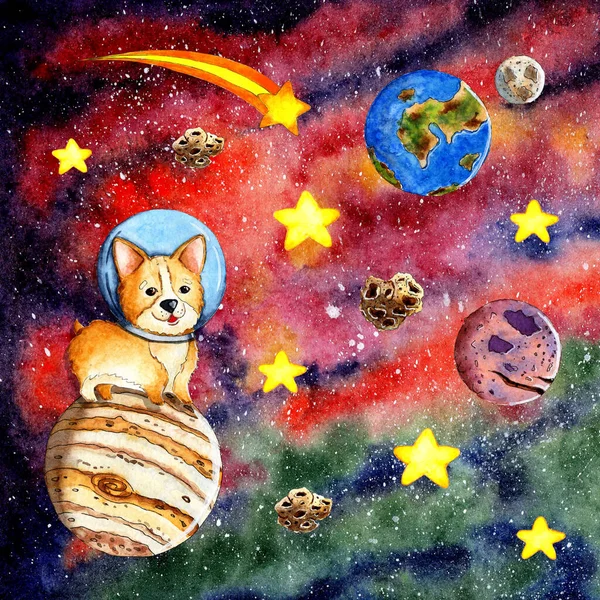 Açık uzayda, Jüpiter 'de, yıldızların, gezegenlerin ve asteroitlerin etrafında bir miğferde duran kızıl saçlı bir Corgi yavrusunun suluboya çizimi. Güzel bir arka planda sevimli kozmonot Corgi. Çocuk çizimi.