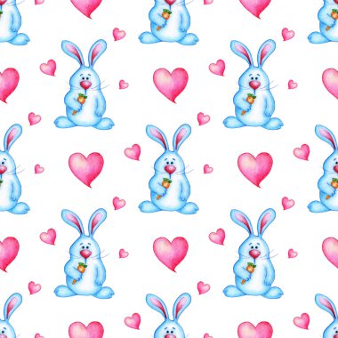 Pati içinde havuç ve pembe kalpler olan şirin mavi tavşanın kusursuz tekrarlayan deseninin suluboya çizimi. Karikatür tavşanı bebek duşu izi. Beyaz arka planda izole edilmiş. Elle çizilmiş..