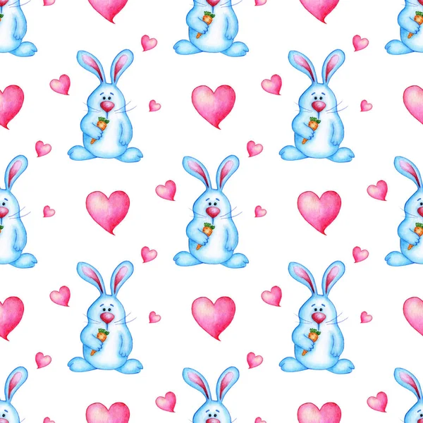 Pati içinde havuç ve pembe kalpler olan şirin mavi tavşanın kusursuz tekrarlayan deseninin suluboya çizimi. Karikatür tavşanı bebek duşu izi. Beyaz arka planda izole edilmiş. Elle çizilmiş..
