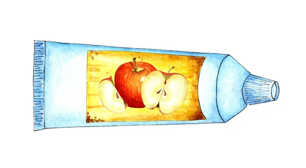 Akvarell Illustration Vit Tub Med Gul Etikett Och Ett Äpple — Stockfoto