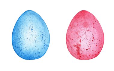Beyaz arka planda izole edilmiş pembe ve mavi paskalya yumurtalarının suluboya çizimi mutlu paskalya desenleri. El çizimi..